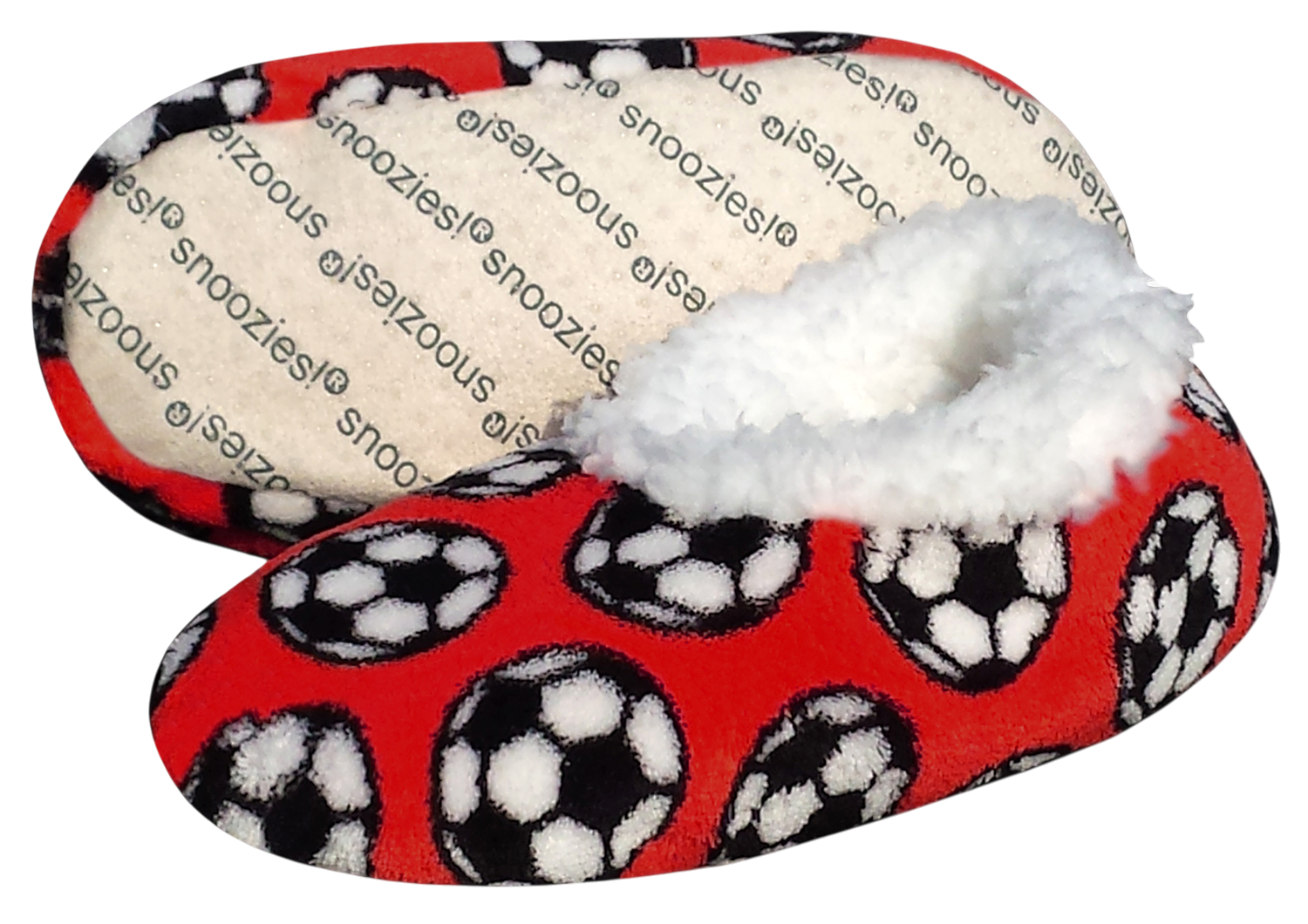 Red soccer-themed sport slippers with plush white lining and non-slip sole by Snoozies