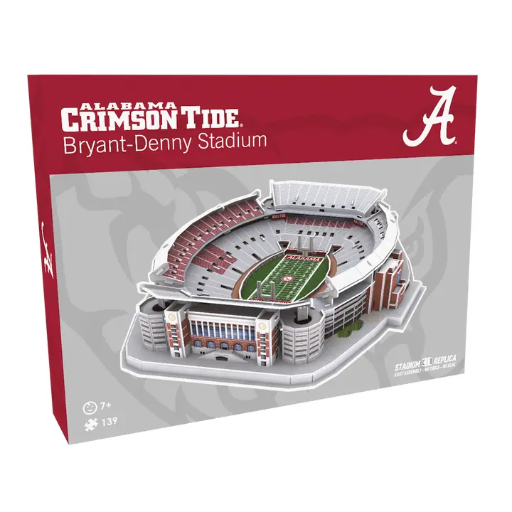 Alabama Crimson Tide Bryant-Denny Stadium 3D Puzzle showcasing detailed 139-piece replica with field and seating in team colors