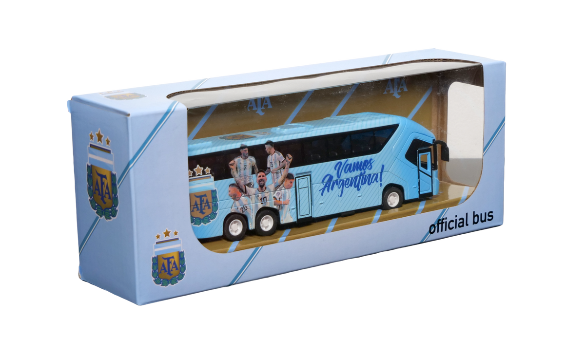 Argentina AFA Mini Team Bus miniature blue team coach with player graphics, shown in a branded display box