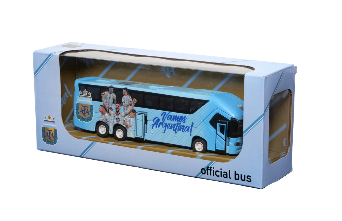 Argentina AFA Mini Team Bus collectible in light blue with white accents, team graphics, and a windowed display box