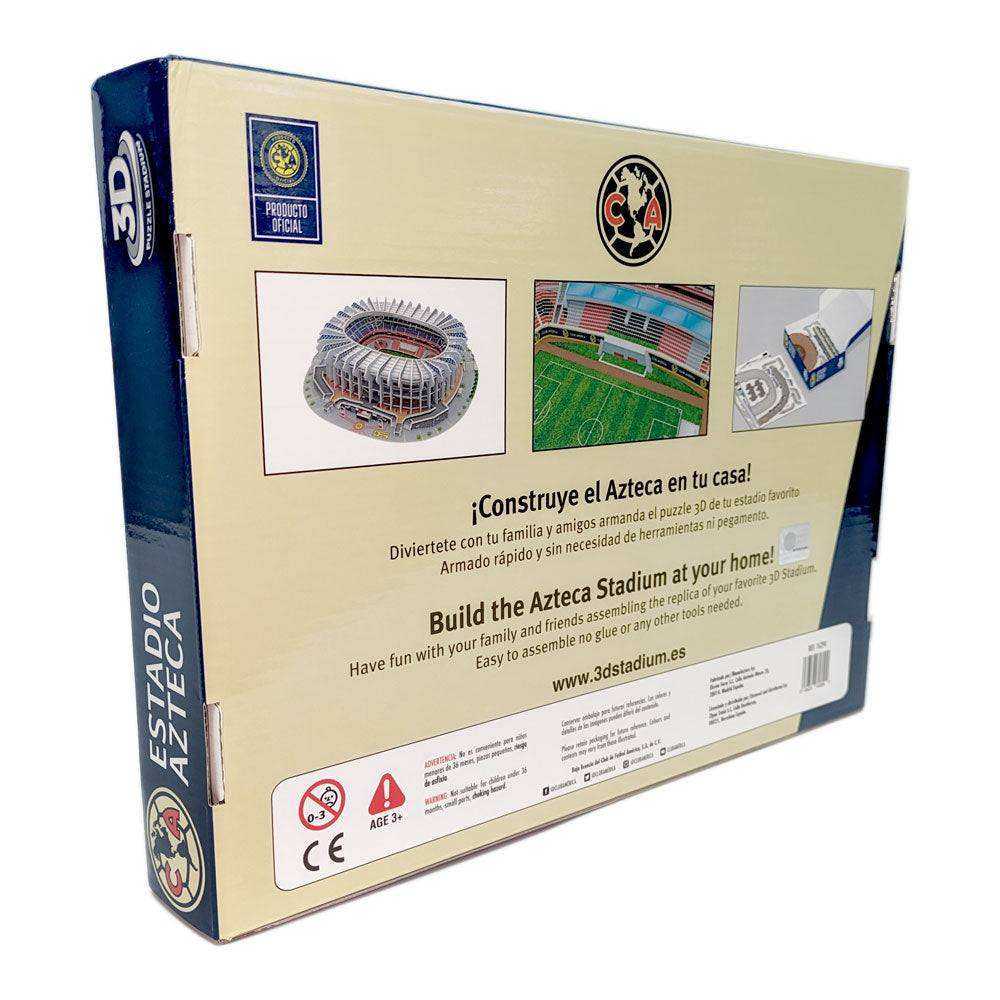 Azteca Soccer Stadium 3D puzzle box in beige and navy, featuring stadium images, football logos and bilingual text