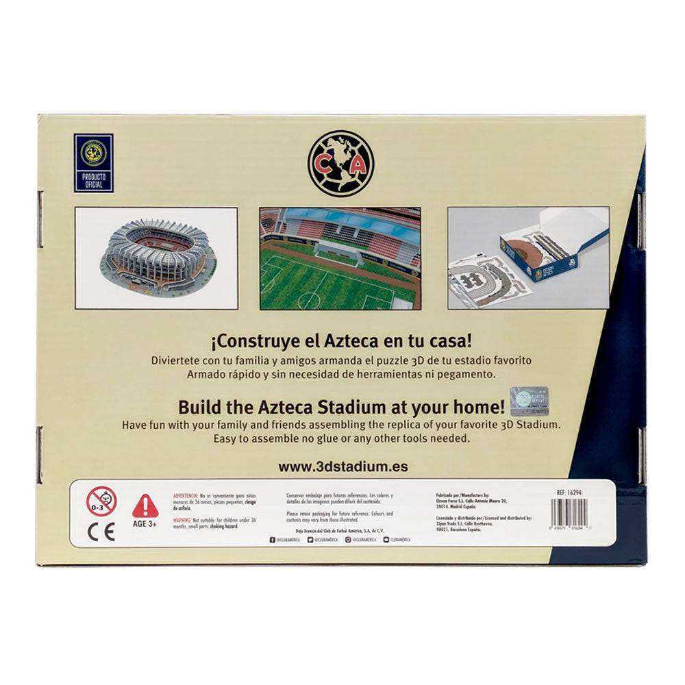 Azteca Soccer Stadium 3D puzzle box with stadium model photos, green pitch illustration, and bilingual assembly text