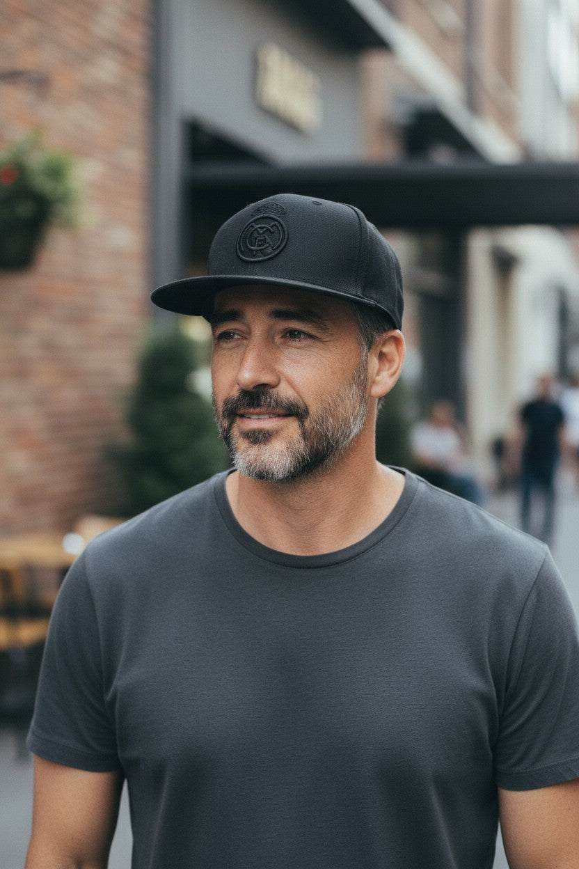 Fan ink Dawn Fitted Hats with embossed logo Man wearing black Fan Ink