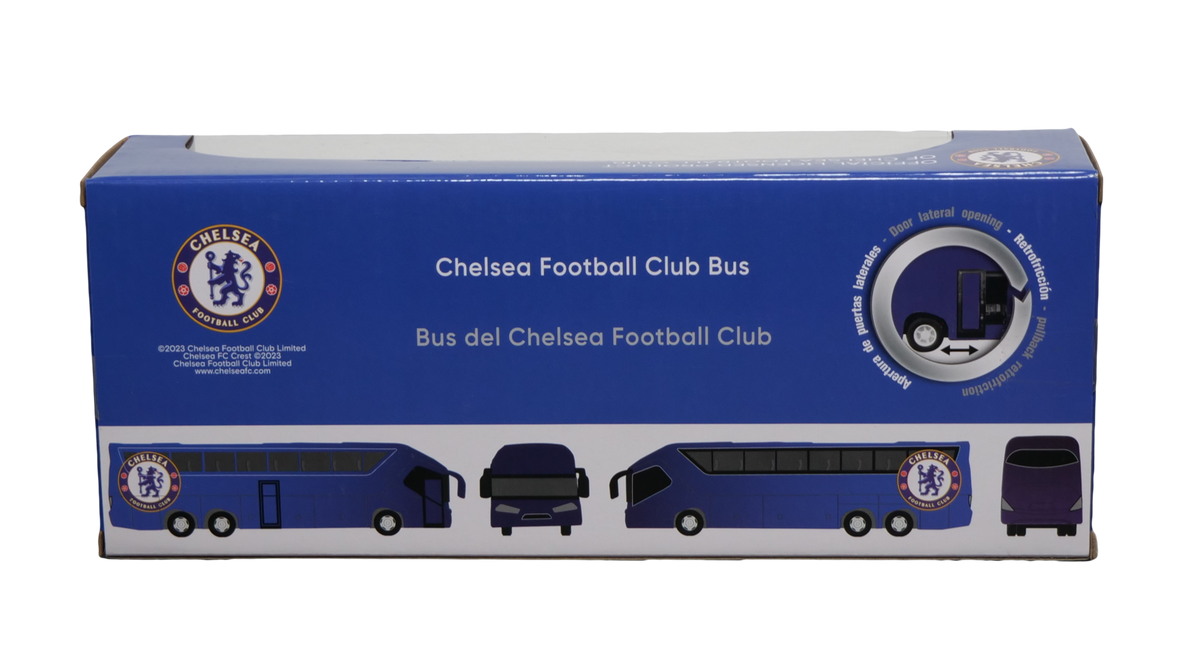Chelsea Mini Team Bus in a blue and white Chelsea-branded box, featuring bus illustrations and club crest