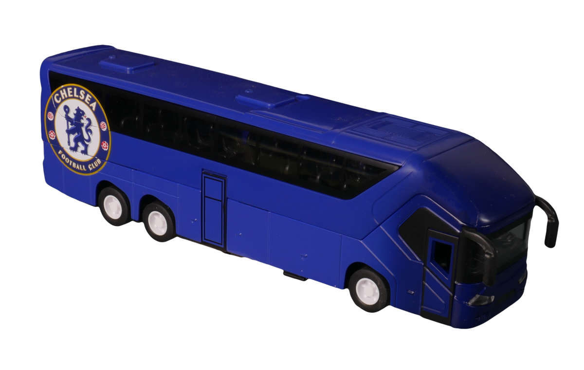 Chelsea Mini Team Bus, a blue miniature coach with black windows, white wheels and the Chelsea crest on its side