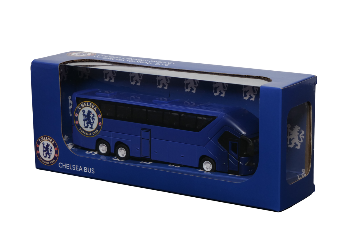 Chelsea Mini Team Bus blue miniature coach with Chelsea crest, dark windows and detailed wheels, displayed in branded packaging