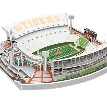 Clemson Tigers Memorial Stadium 3D Puzzle showing detailed 111-piece replica with orange and purple stadium colors and field graphics