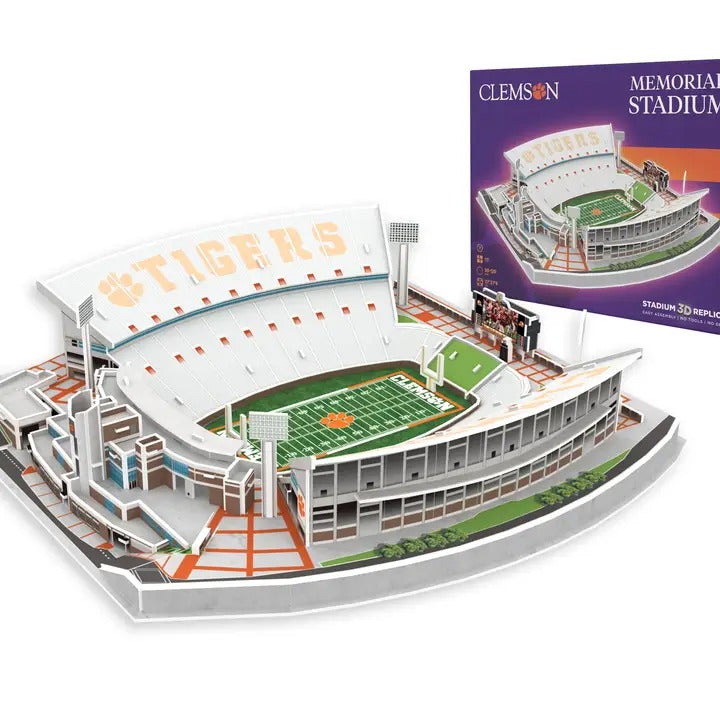 Completed Clemson Tigers Memorial Stadium 111-piece 3D puzzle with product box