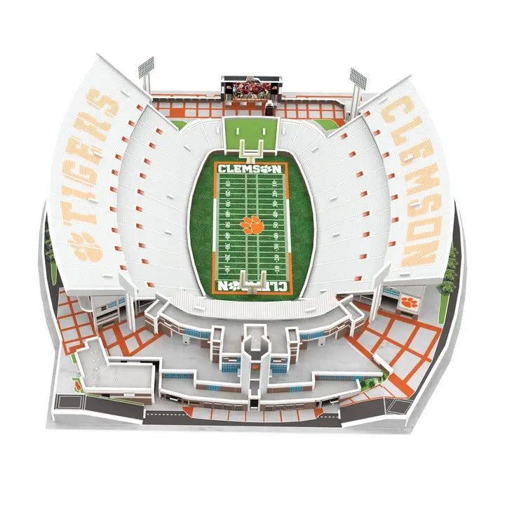 Clemson Tigers Memorial Stadium 3D Puzzle showing detailed 111-piece replica with orange and purple colors and field graphics