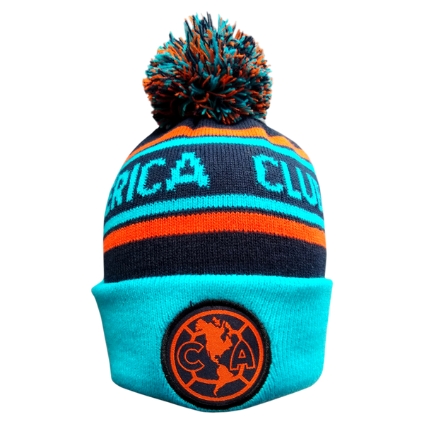 Club America Cuffed Beanie in turquoise and navy acrylic knit with orange stripes, pom-pom and embroidered crest