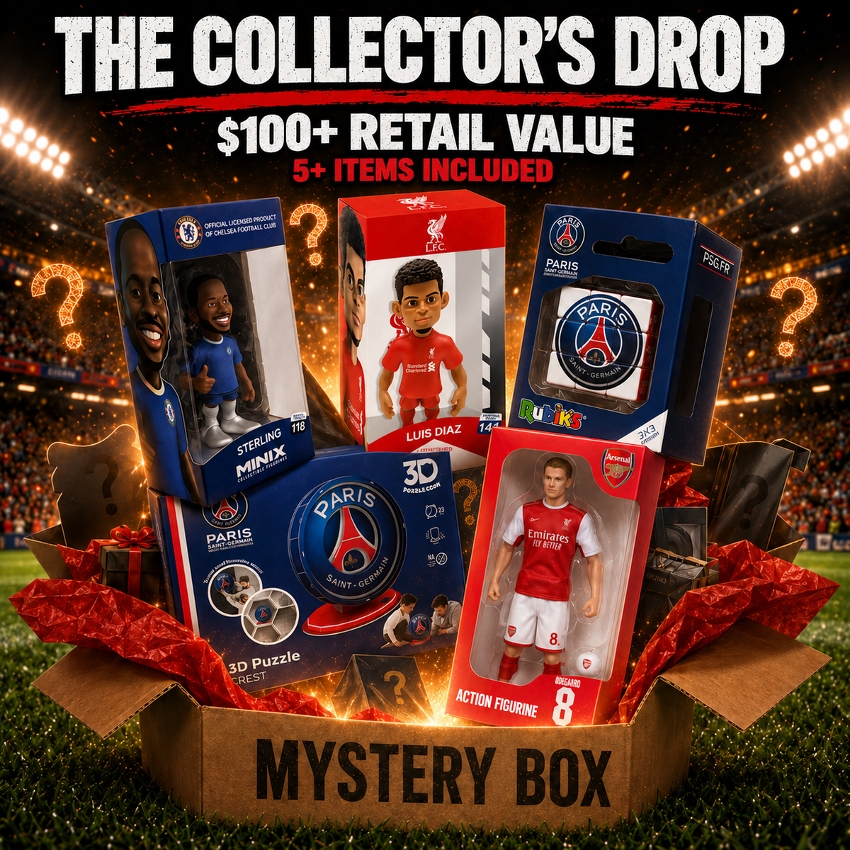 Football collectibles Mystery Boxes featuring a Paris Saint-Germain puzzle and watch, Liverpool and Arsenal player figures, and a Manchester City Minix set.