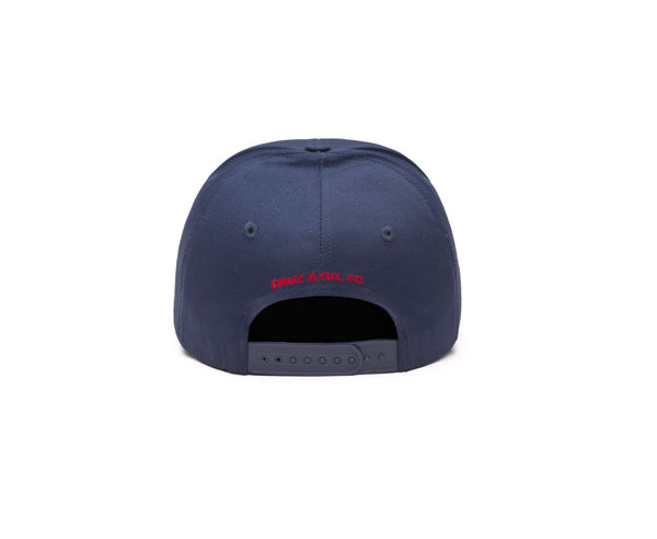 Cruz Azul Adjustable Cap in navy polyester twill, shown from the back with red lettering and an adjustable snap strap