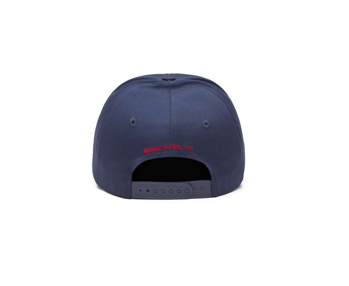 Cruz Azul Adjustable Cap in navy polyester twill, shown from the back with red lettering and an adjustable snap strap