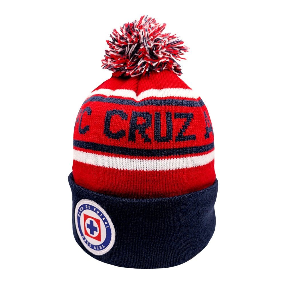 Cruz Azul Cuffed Beanie in red, white and navy acrylic knit, with a striped pattern, pom-pom and team crest
