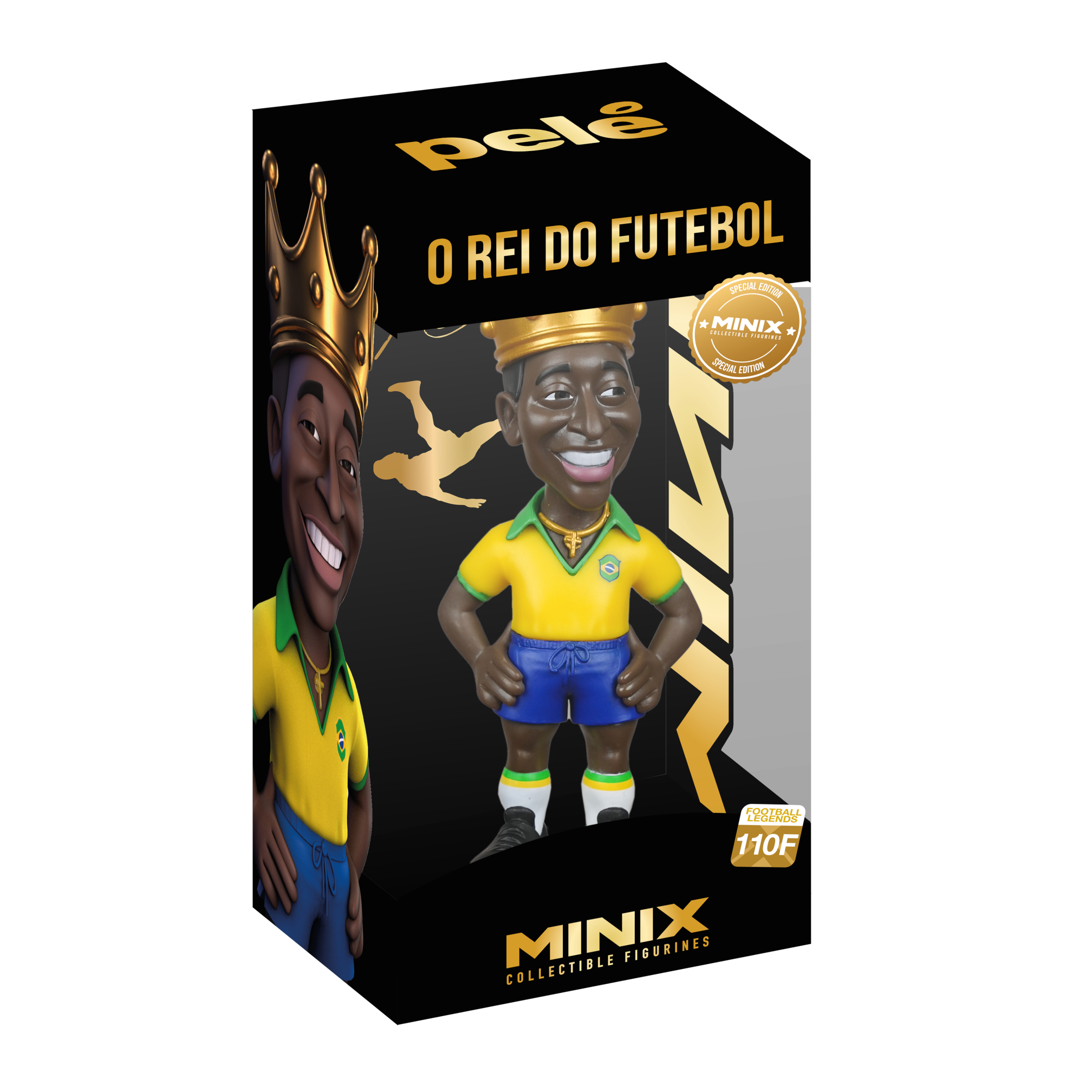 Minix Pele collectible figurine showcasing five iconic kits including Brazil National Team and O-Rei Edition