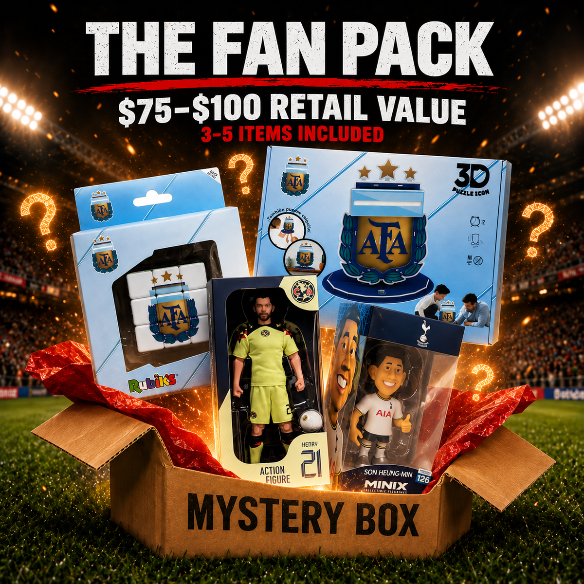 Football collectible Mystery Boxes set in an open brown cardboard box, showing licensed team figures, a miniature ball and branded packages.