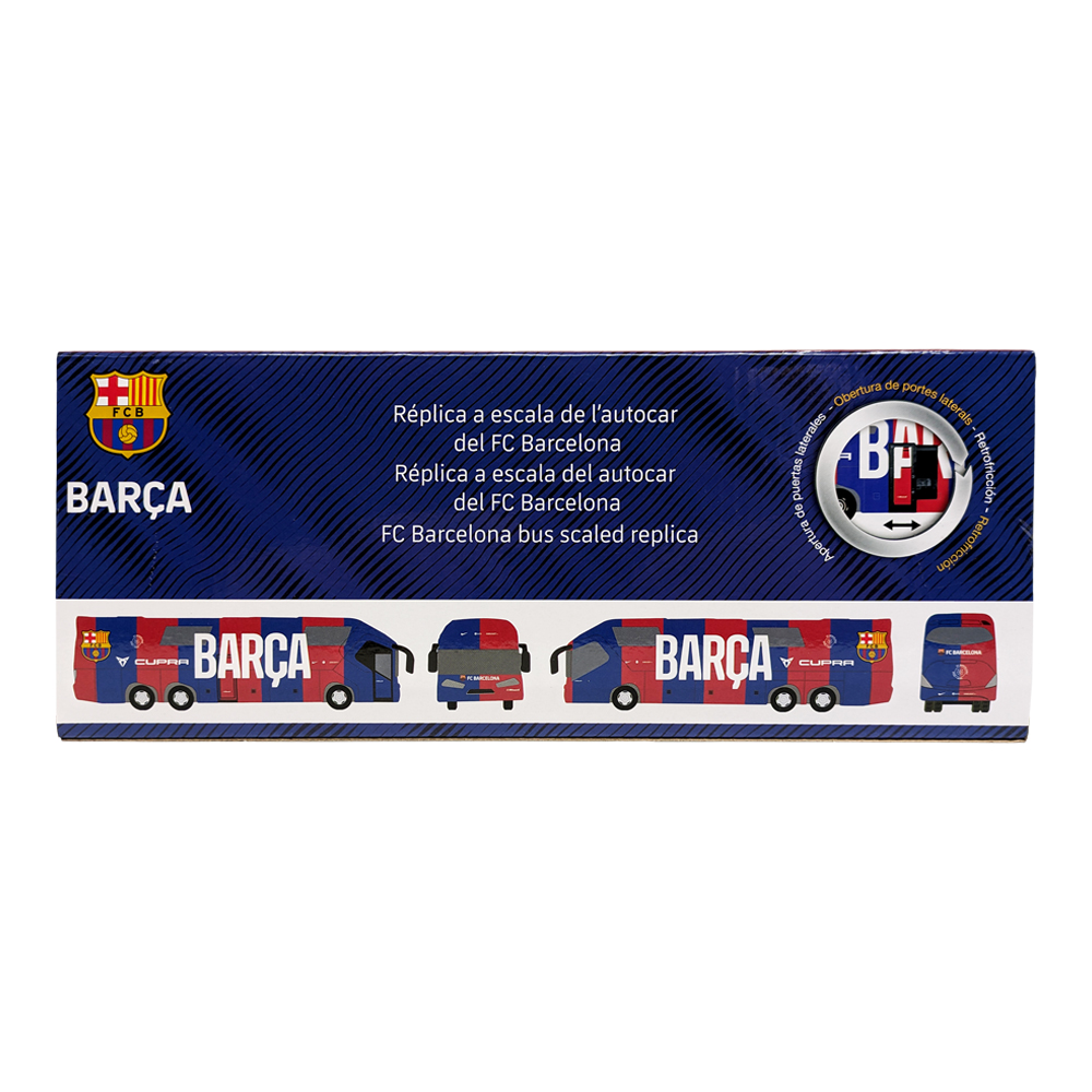 FC Barcelona Mini Team Bus collectible with a blue and red coach, club crest, large Barça lettering and miniature bus views on the box