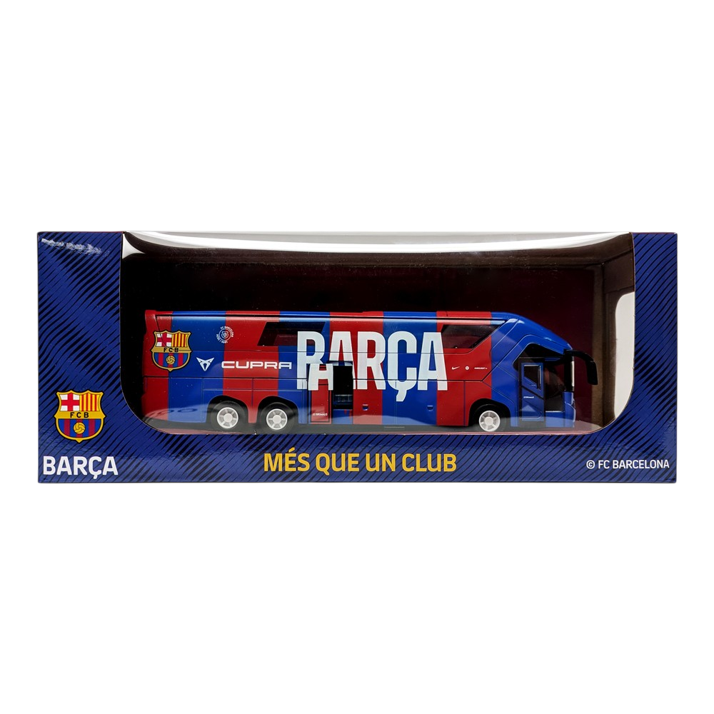 FC Barcelona Mini Team Bus collectible with a red and blue coach, Barça crest, CUPRA logo and bold Barça lettering