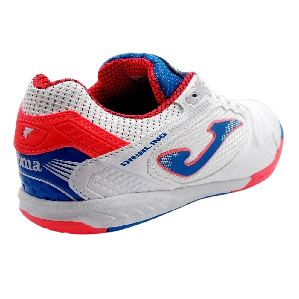 Joma Dribling indoor soccer shoe in white synthetic material with red and blue accents, perforated upper and Joma logo