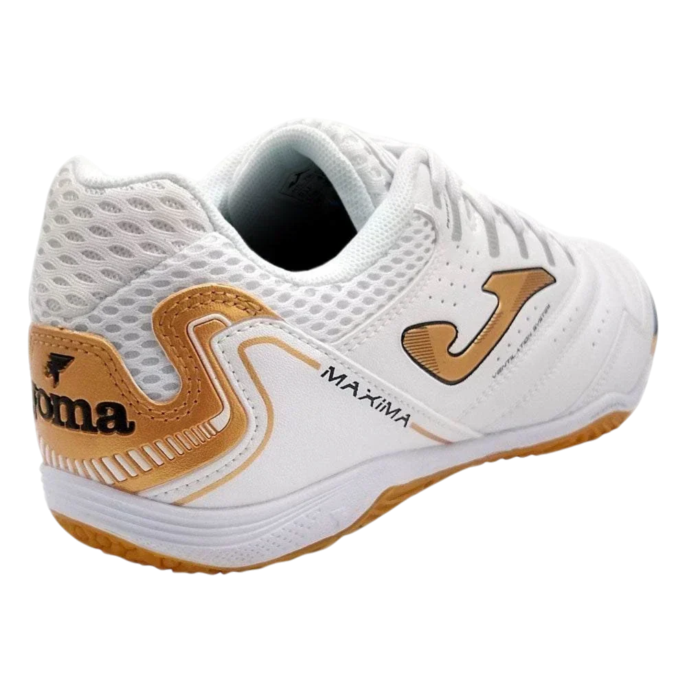 Joma Maxima indoor soccer shoe in white synthetic material with gold accents, perforated mesh panels and gum rubber sole