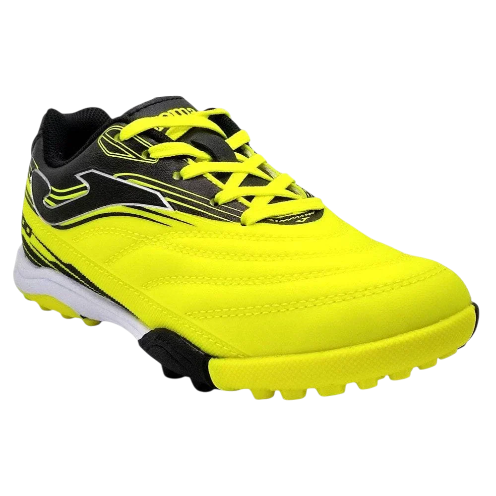 Joma Toledo turf soccer shoe in neon yellow synthetic material with black accents, matching laces and rubber studs
