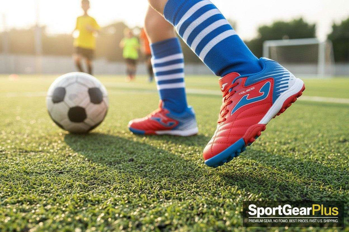 Joma Toledo junior turf soccer shoes in red and blue with white stripes, worn with blue striped socks