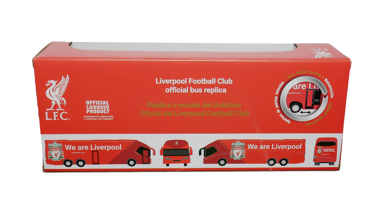 Liverpool Mini Team Bus collectible in red, shown packaged with Liverpool FC branding and a miniature coach illustration