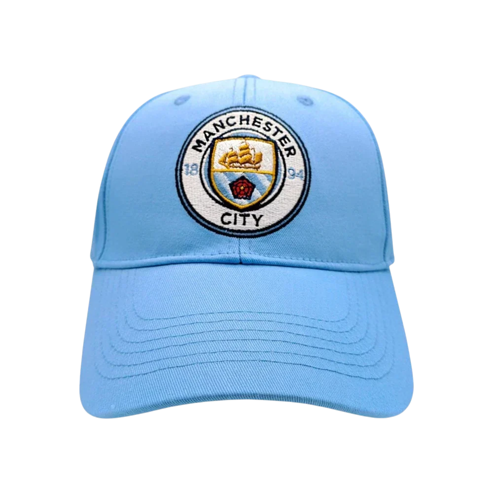 Manchester City Adjustable Cap in light blue polyester with an embroidered circular club crest and curved brim