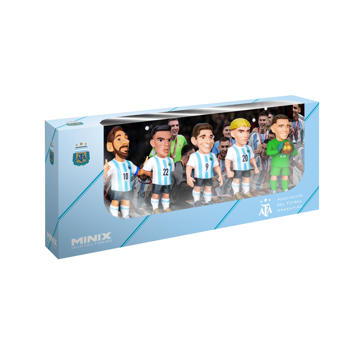 Minix Argentina 5-Pack collectible figurines in sky-blue and white striped football kits, displayed in a blue window box