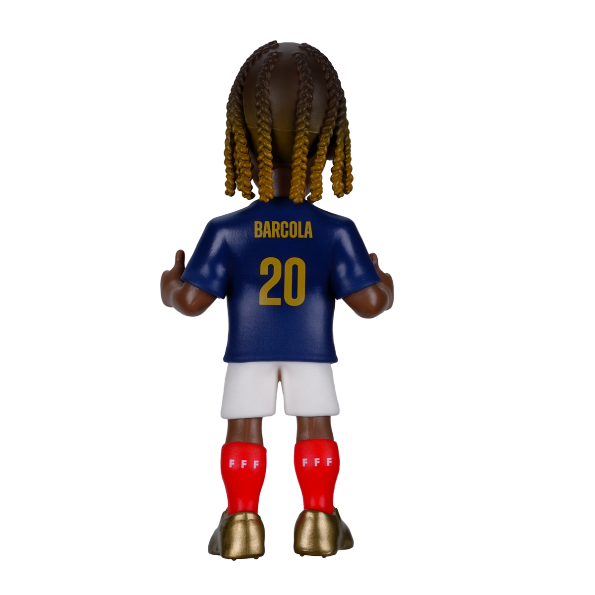 Minix Bradley Barcola figurine with dark braided hair, navy number 20 jersey, white shorts and red socks, shown from behind