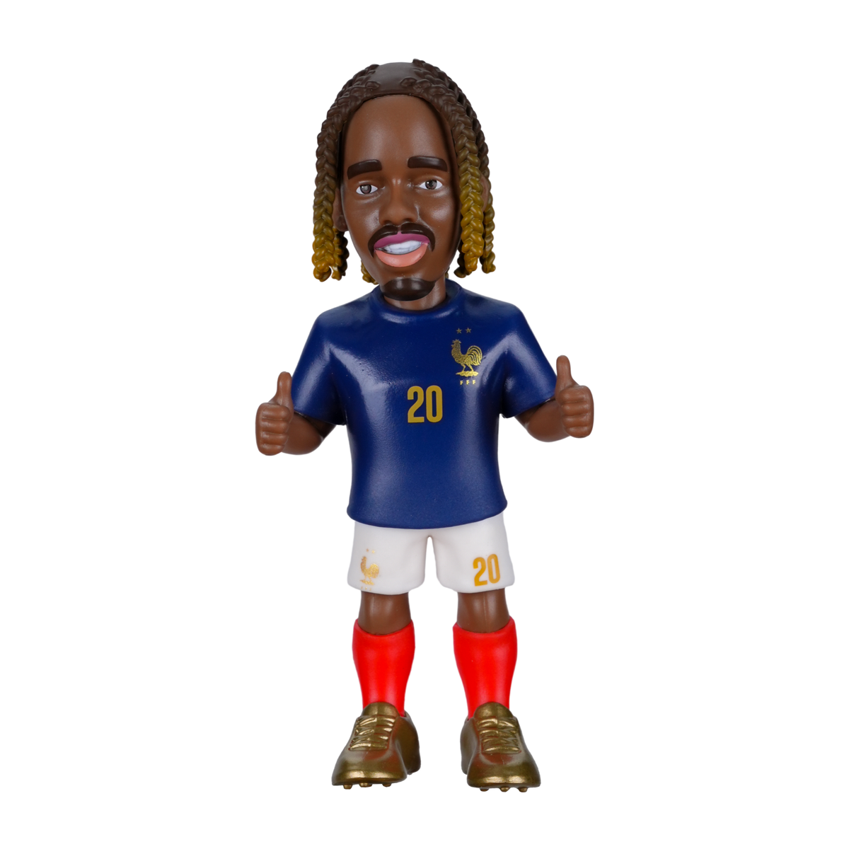 Minix Bradley Barcola collectible figurine in a blue France jersey, white shorts, red socks and gold boots