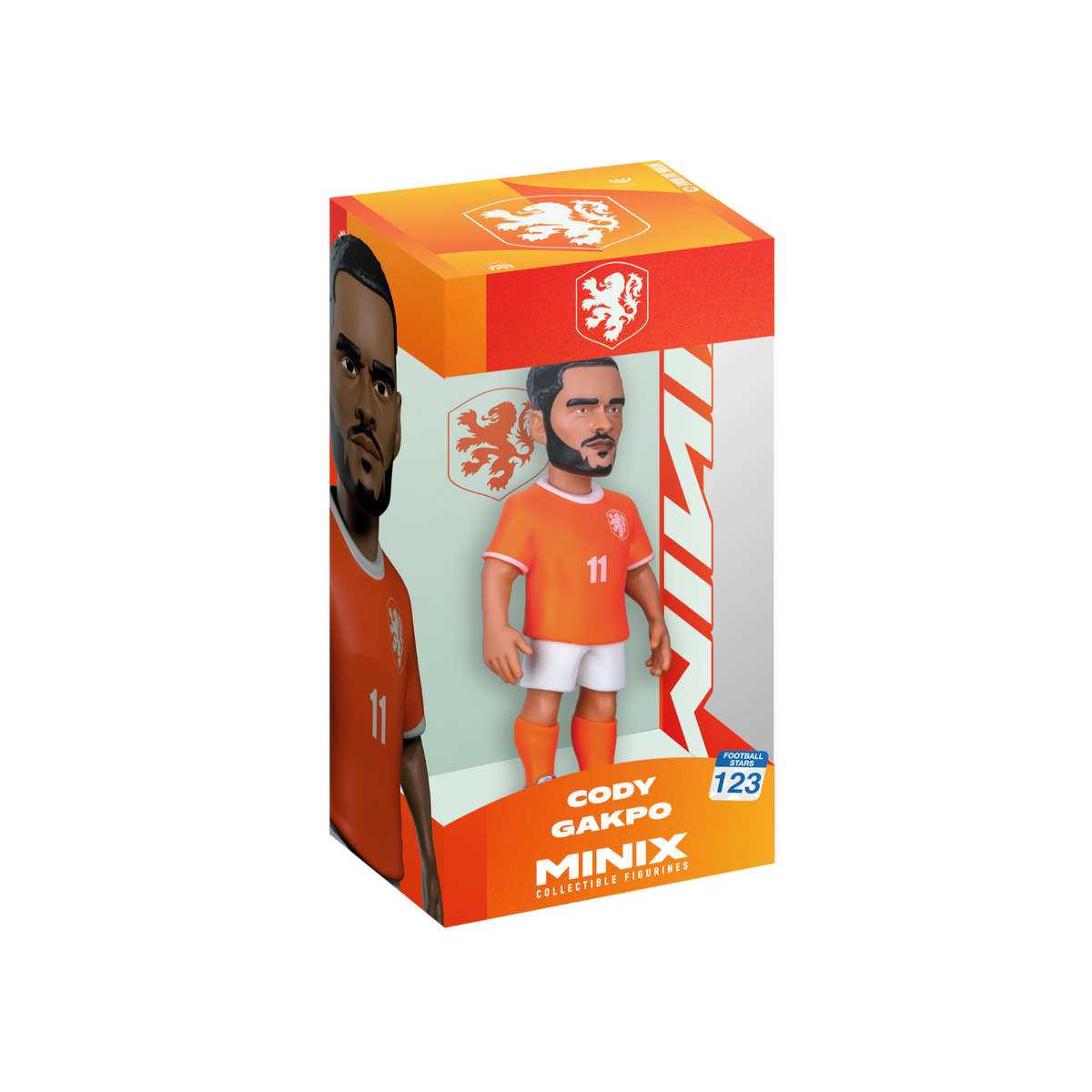 Minix Cody Gakpo figurine in an orange Netherlands shirt, white shorts and orange socks inside branded collectible packaging