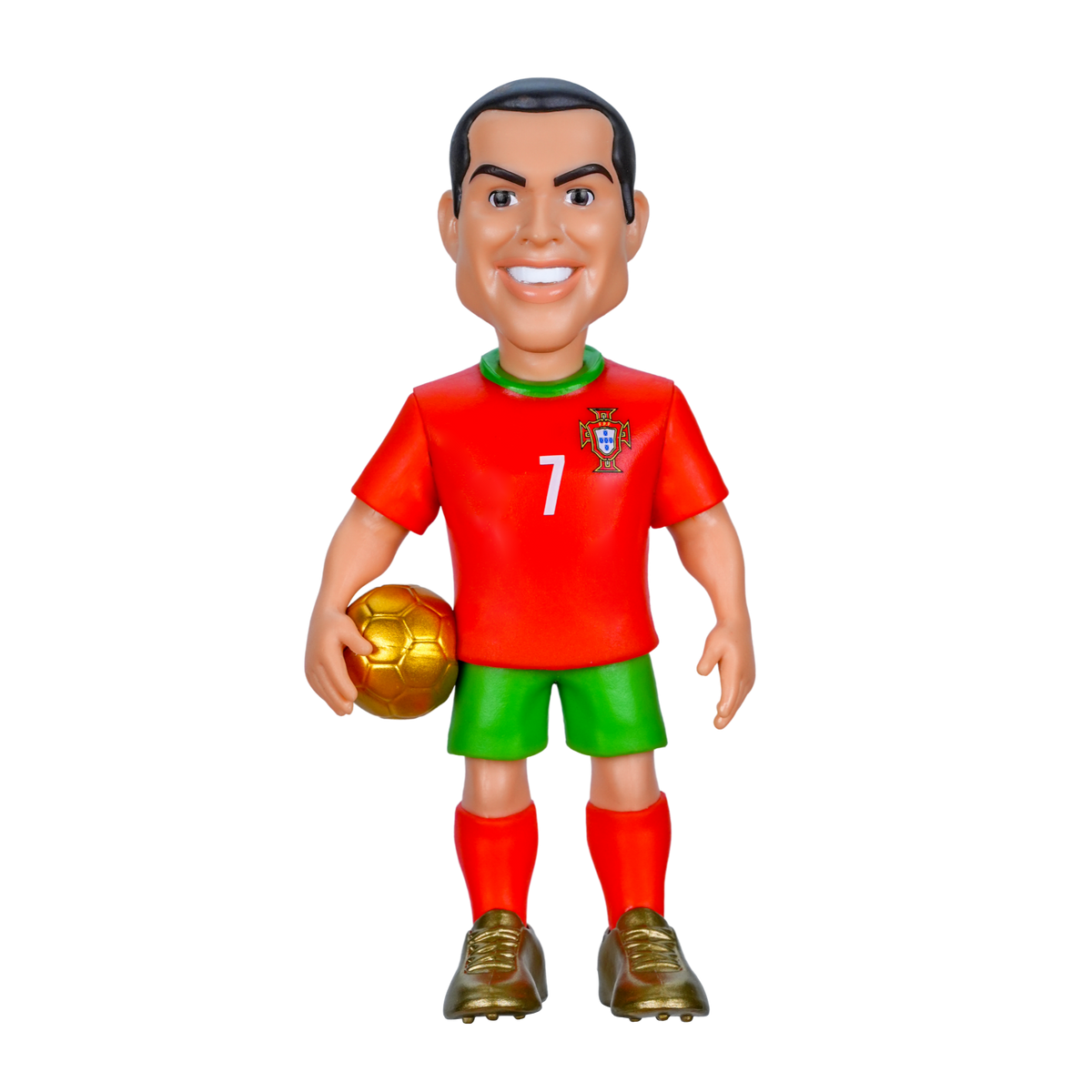 Minix Cristiano Ronaldo figurine wearing a red Portugal shirt and green shorts, holding a gold football