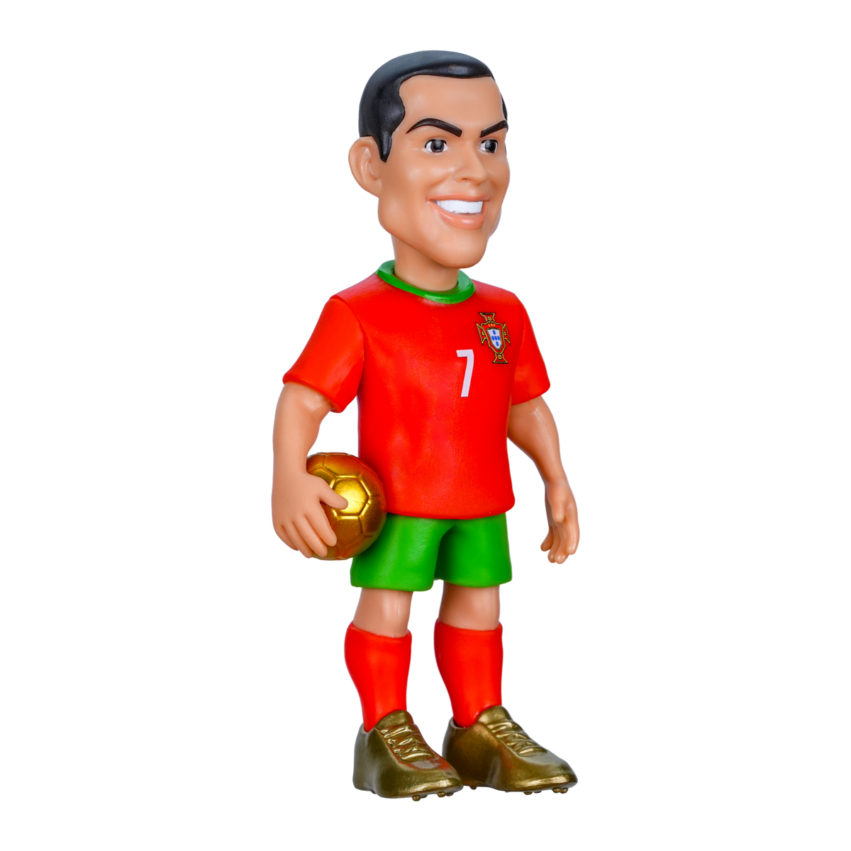Minix Cristiano Ronaldo figurine in a red Portugal number 7 shirt and green shorts, holding a gold football