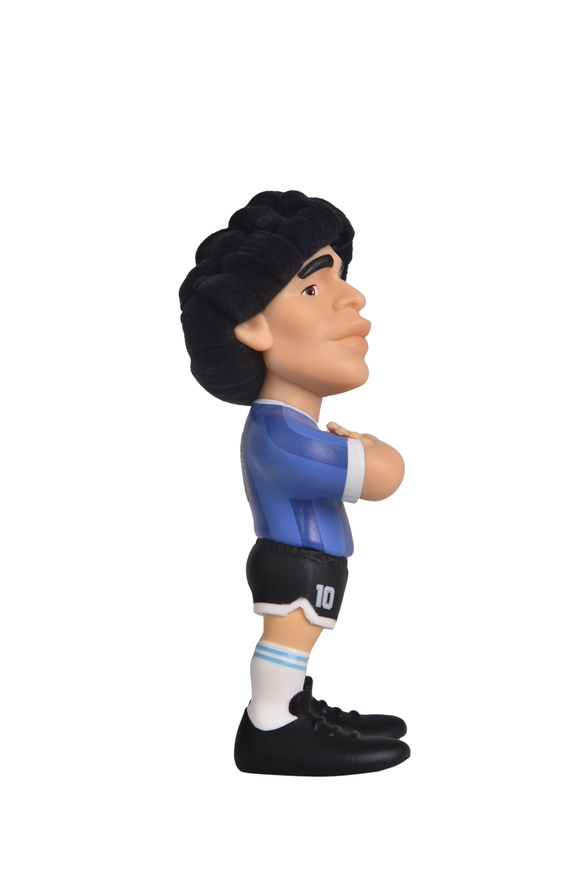 Minix Diego Maradona figurine with black curly hair, blue Argentina shirt, black shorts and football boots