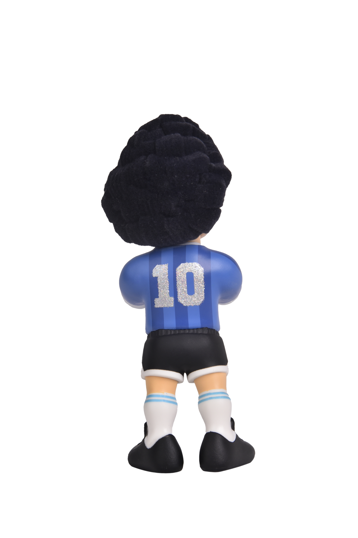 Minix Diego Maradona figurine viewed from behind, with black hair, blue striped number 10 jersey, black shorts and boots