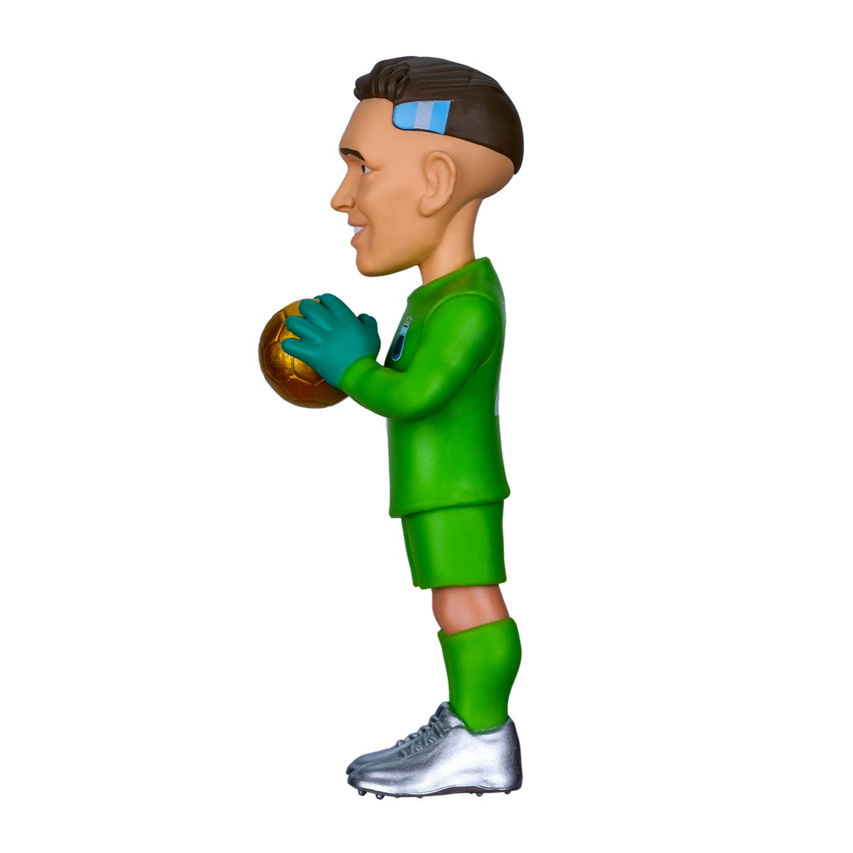 Minix Emiliano Martínez goalkeeper figurine in a bright green kit, teal gloves, and silver boots holding a gold ball