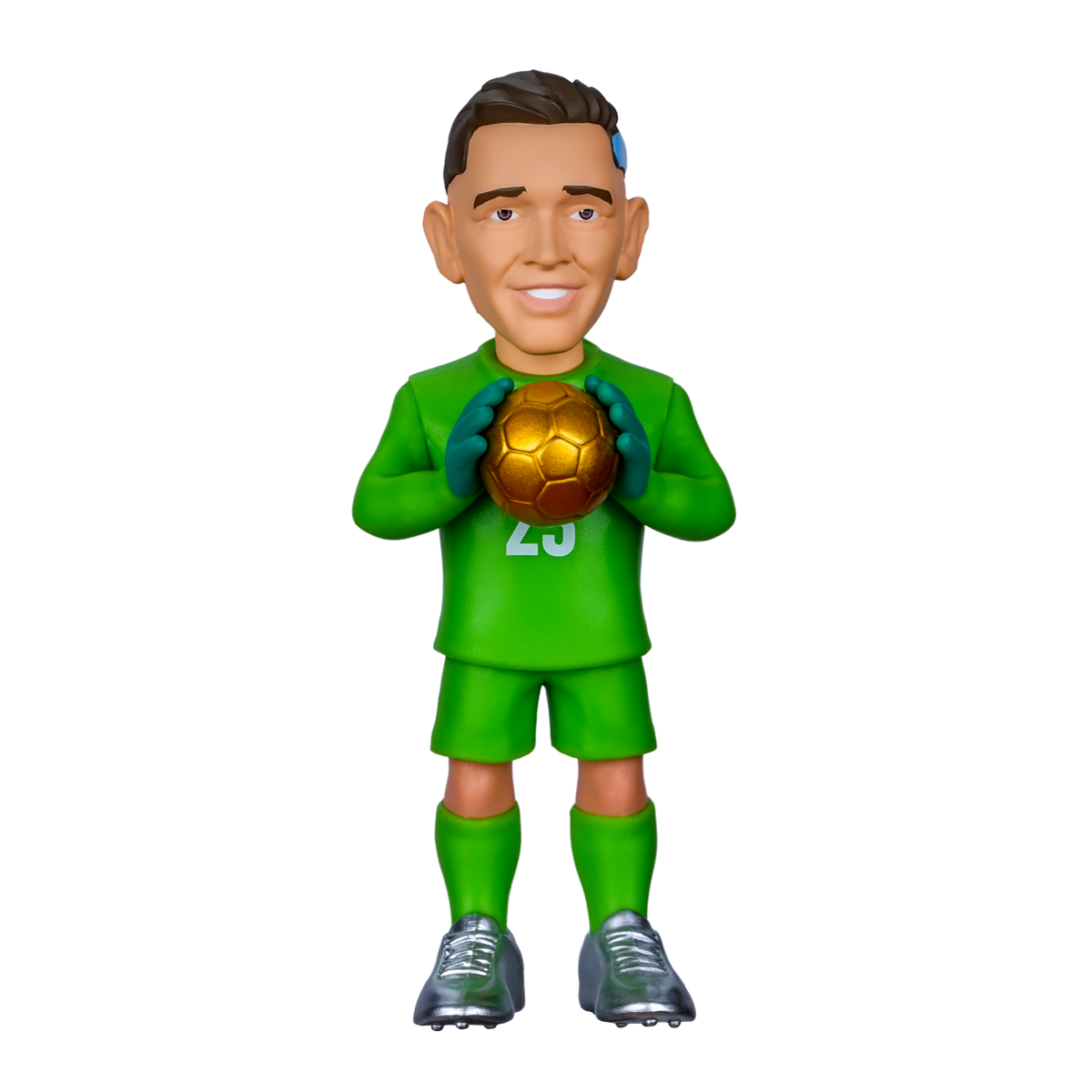 Minix Emiliano Martínez goalkeeper figurine in a bright green kit, holding a gold football with teal gloves