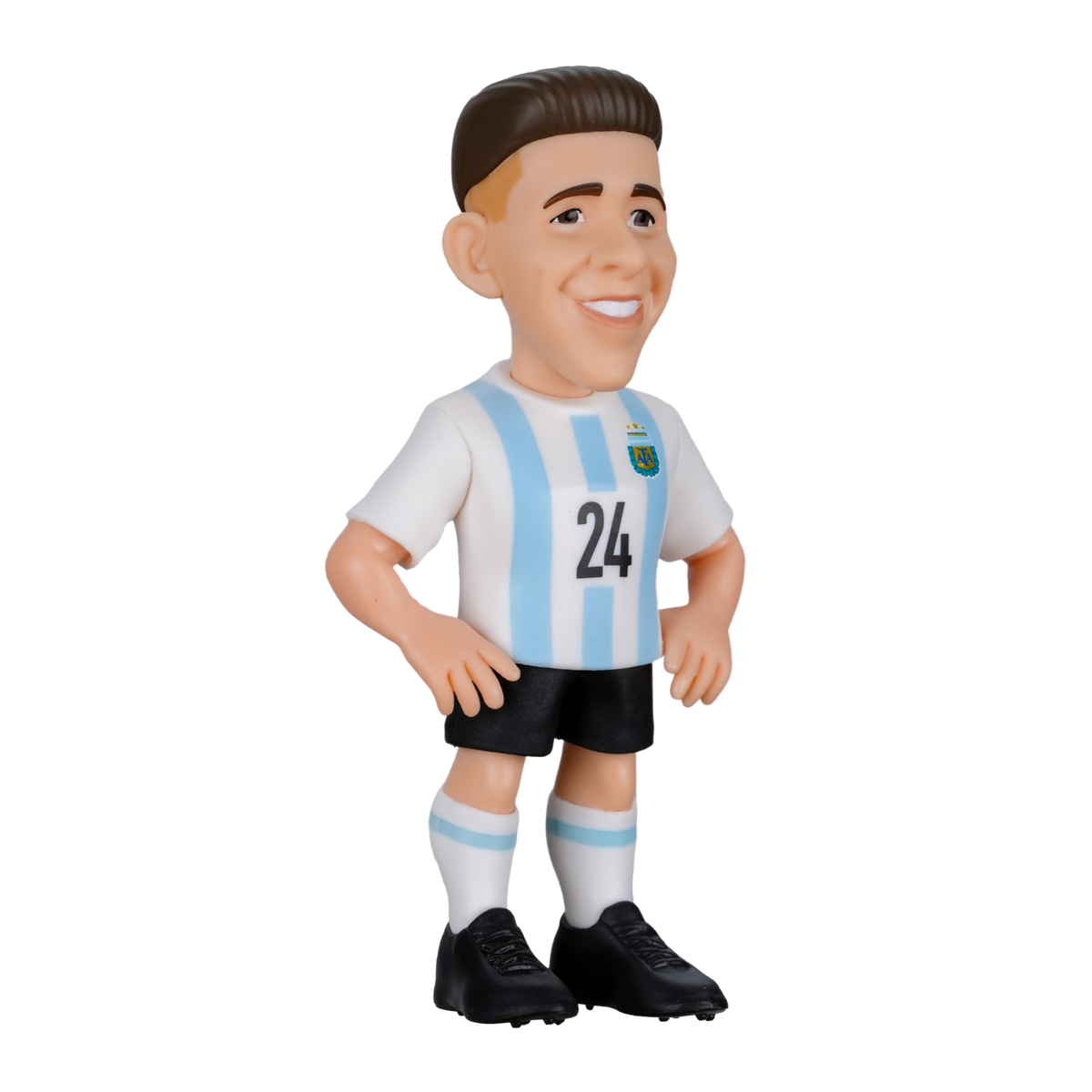 Minix Enzo Fernández Argentina figurine in a white and sky-blue striped jersey, black shorts and boots, with number 24