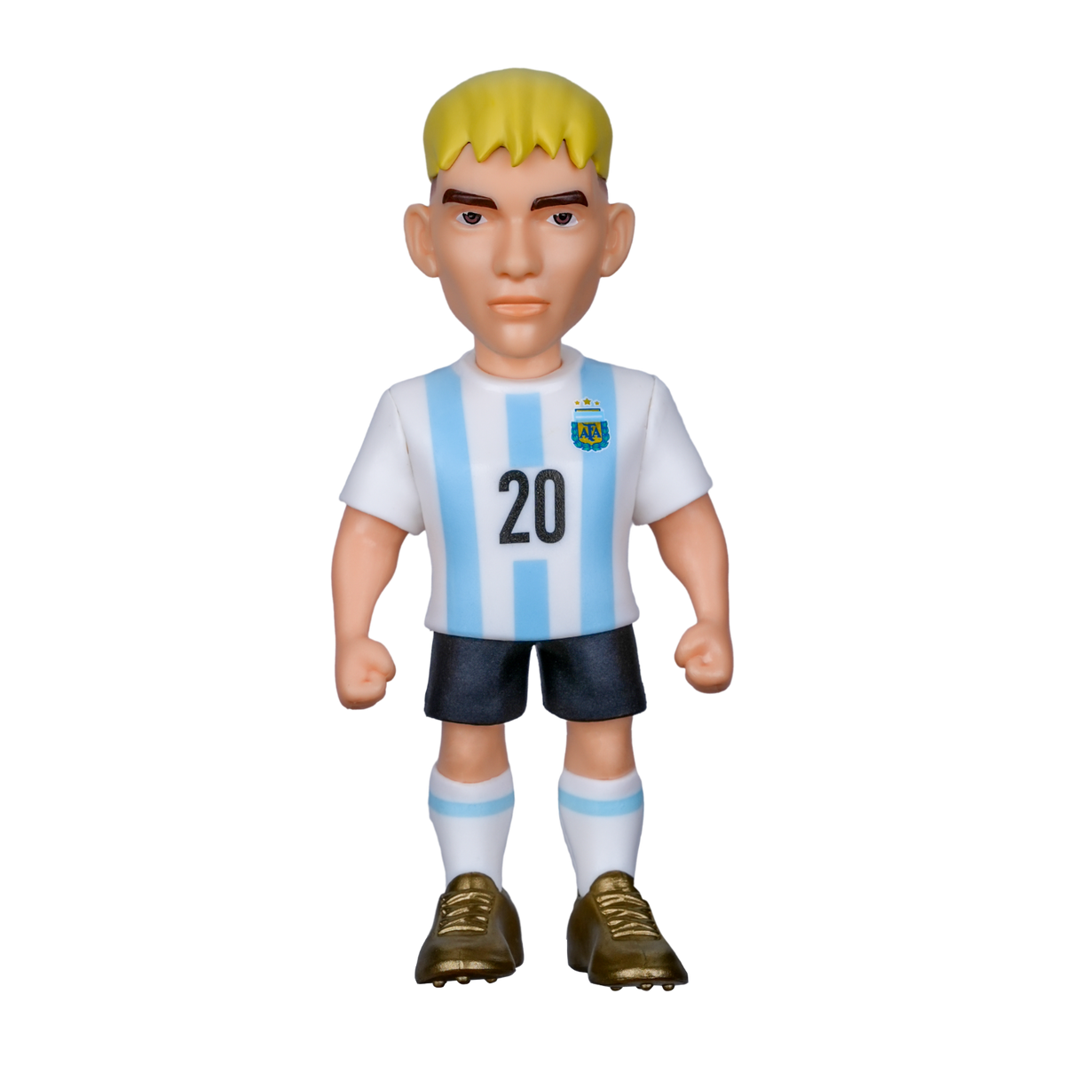 Minix Franco Mastantuono figurine in Argentina’s white and sky-blue striped number 20 kit, with yellow hair and black shorts