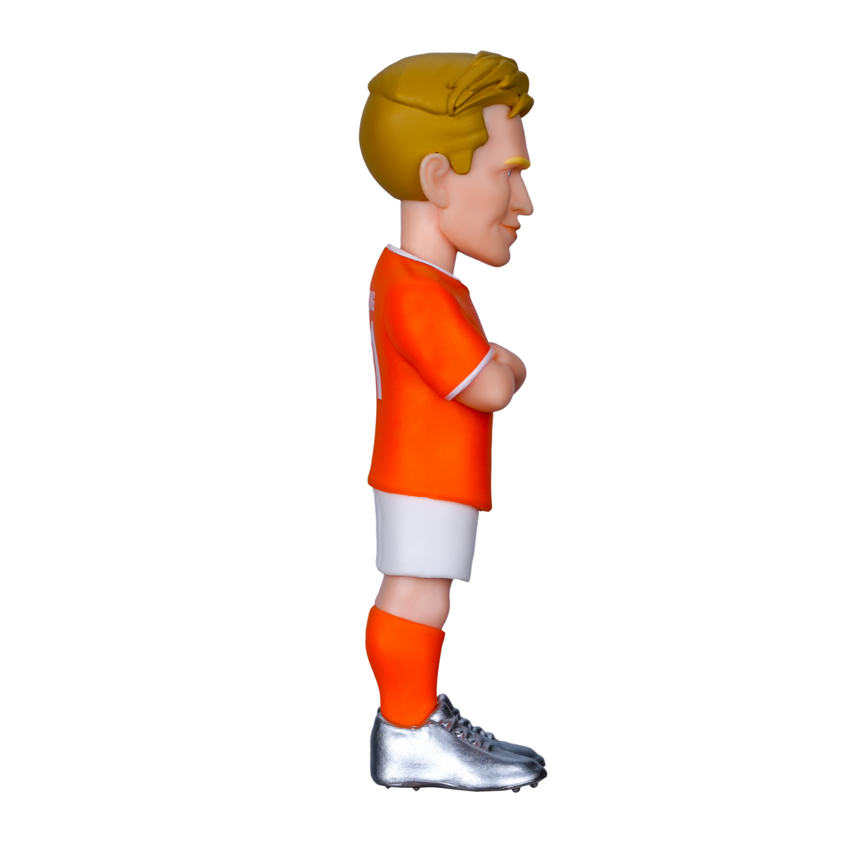 Minix Frenkie de Jong figurine in an orange Netherlands football shirt, white shorts and orange socks, arms folded