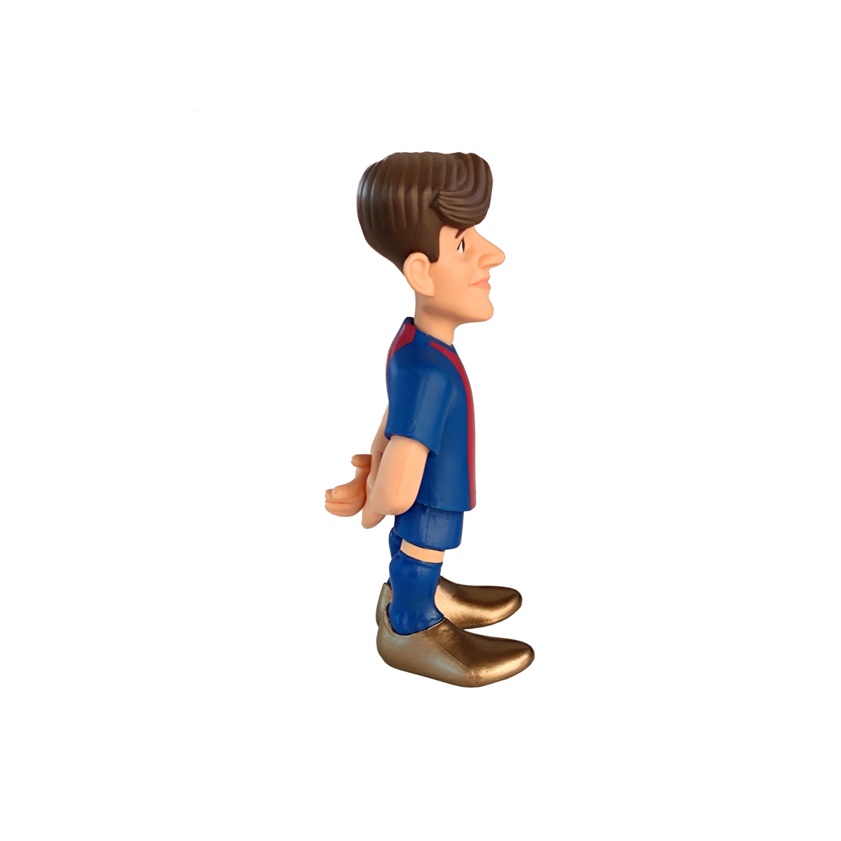 Minix Gavi FC Barcelona figurine in a blue and red striped football kit, with brown hair and gold boots