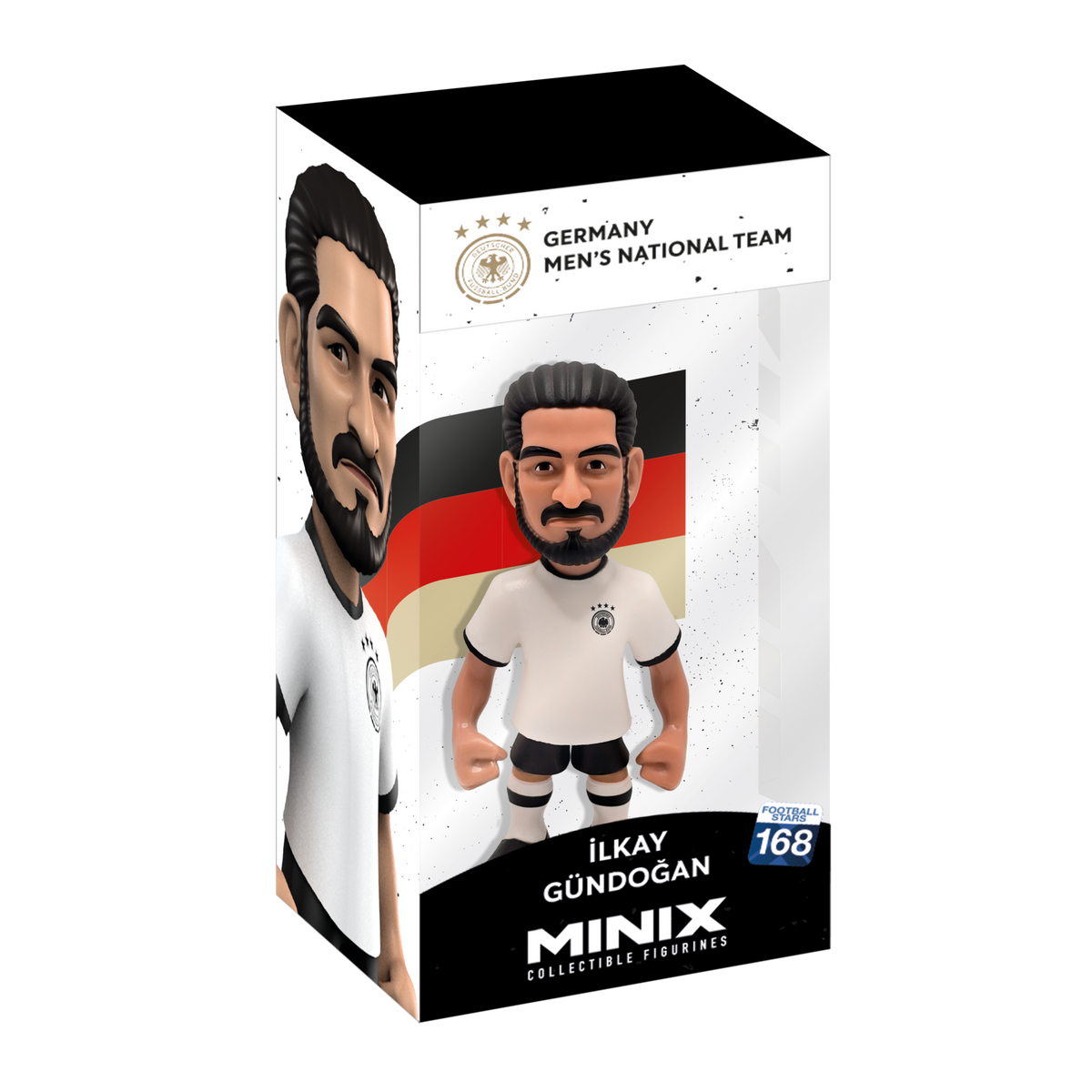Minix İlkay Gündoğan Germany Figurine in a white Germany kit with black shorts, displayed in a branded box