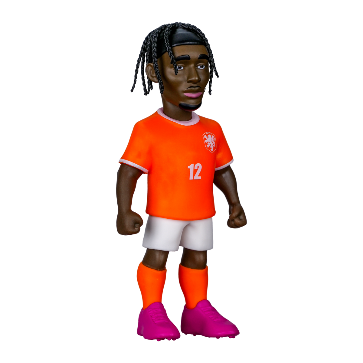 Minix Jeremie Frimpong figurine in an orange Netherlands number 12 kit, with braided hair and bright pink boots
