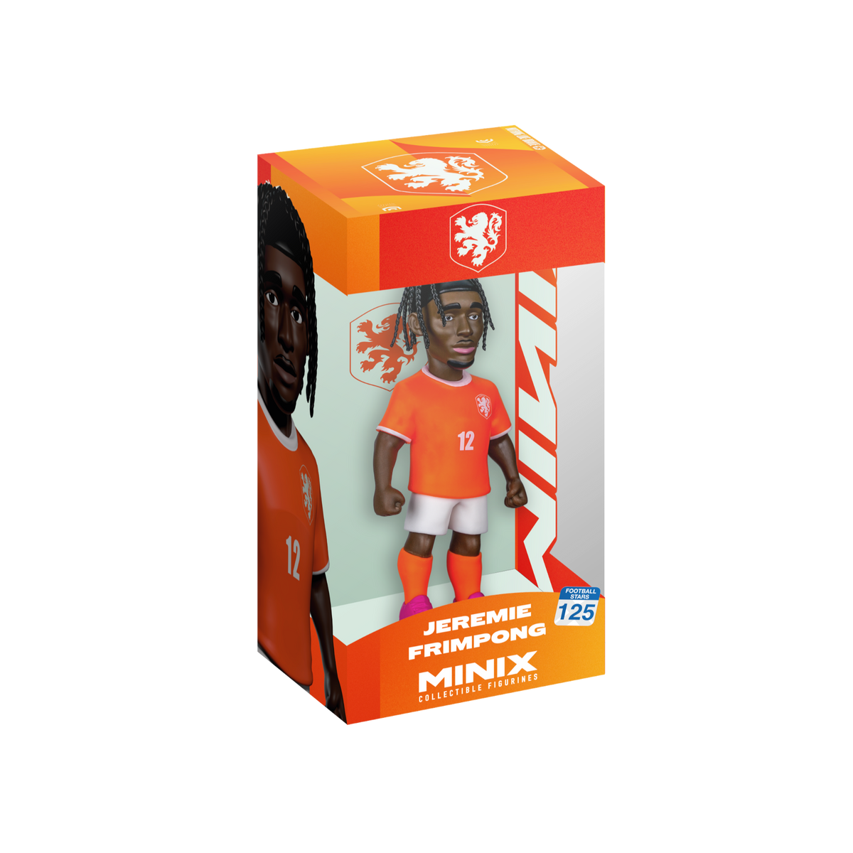Minix Jeremie Frimpong collectible figurine in an orange Netherlands number 12 kit with white shorts and pink boots, boxed