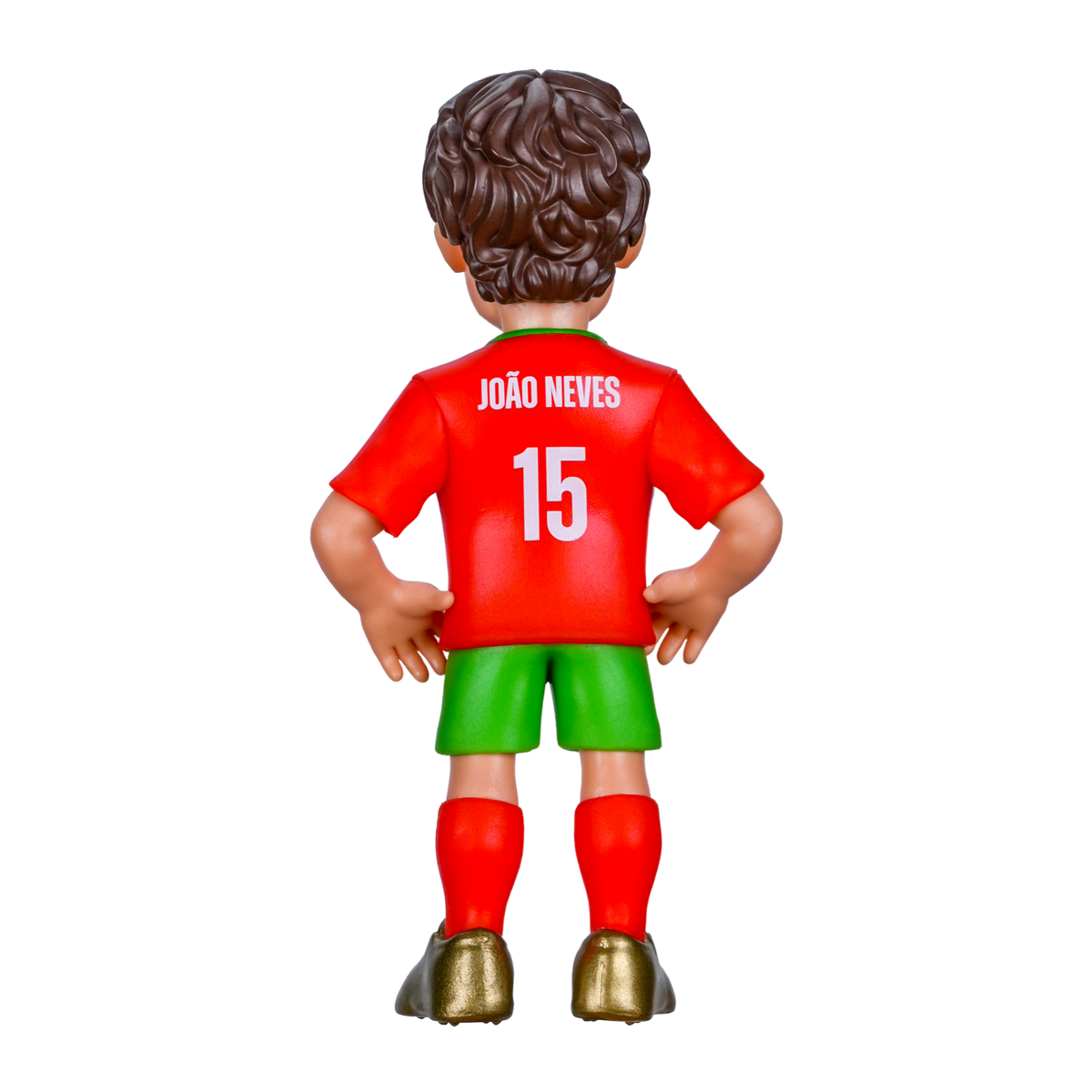 Minix João Neves football figurine wearing a red Portugal shirt with number 15, green shorts and red socks, viewed from behind