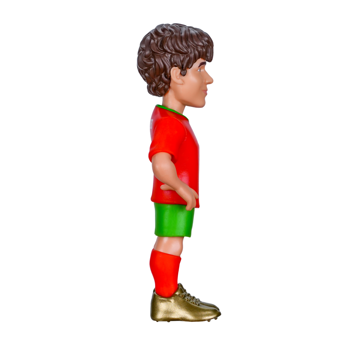 Minix João Neves Portugal figurine with curly brown hair, red shirt, green shorts, red socks and gold boots