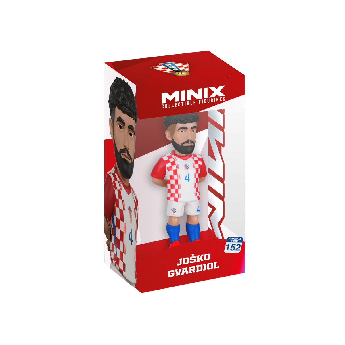 Minix Joško Gvardiol Croatia figurine with a bearded likeness in a red-and-white checkered kit, displayed in red packaging