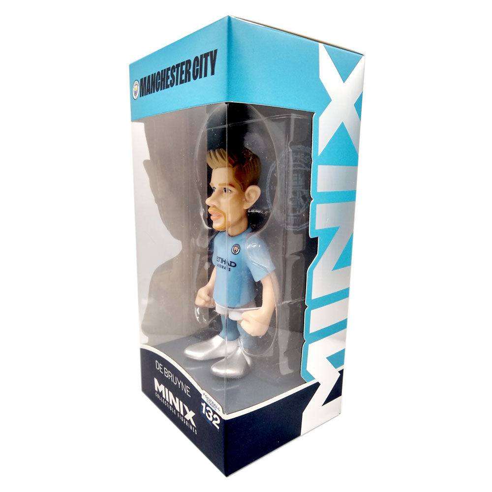 Minix Kevin De Bruyne Manchester City figurine in a sky blue kit with white boots, displayed in a clear-front box
