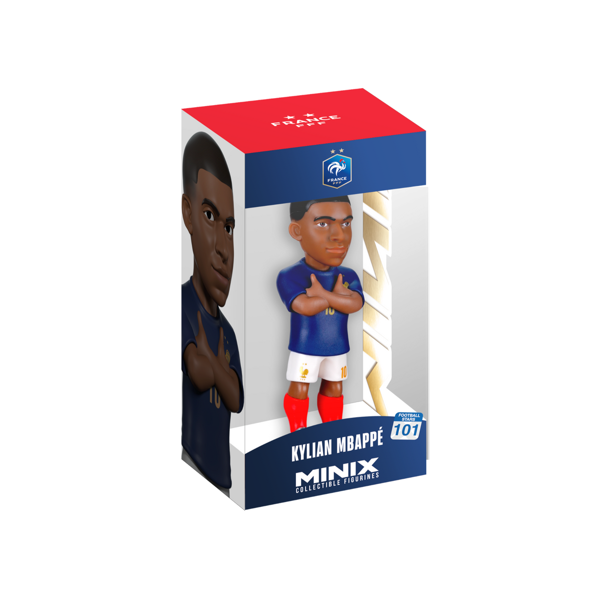 Minix Kylian Mbappé France figurine with dark skin, short hair, blue shirt, white shorts and red socks in a display box